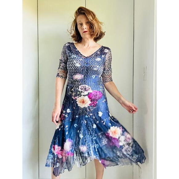 Komarov Floral Print Midi Dress Size Medium Blue Print Wedding Guest Dresses - Picture 1 of 10